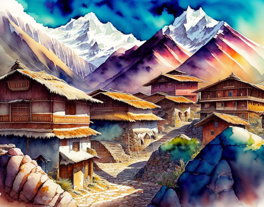 Traditional mountain village watercolor painting with snow-capped peaks and colorful skies