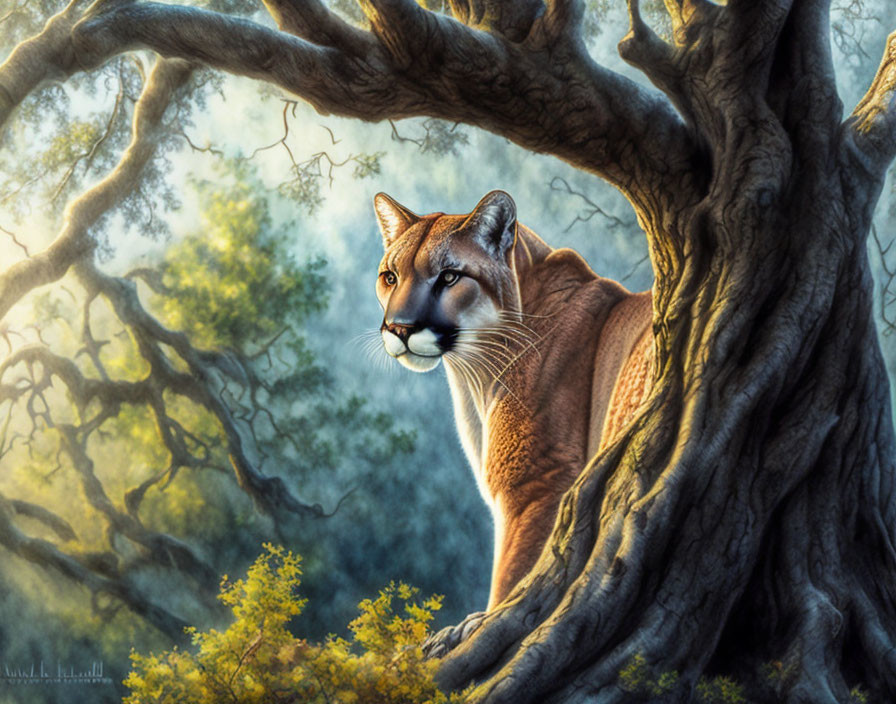 Majestic mountain lion on gnarled tree branch in lush forest