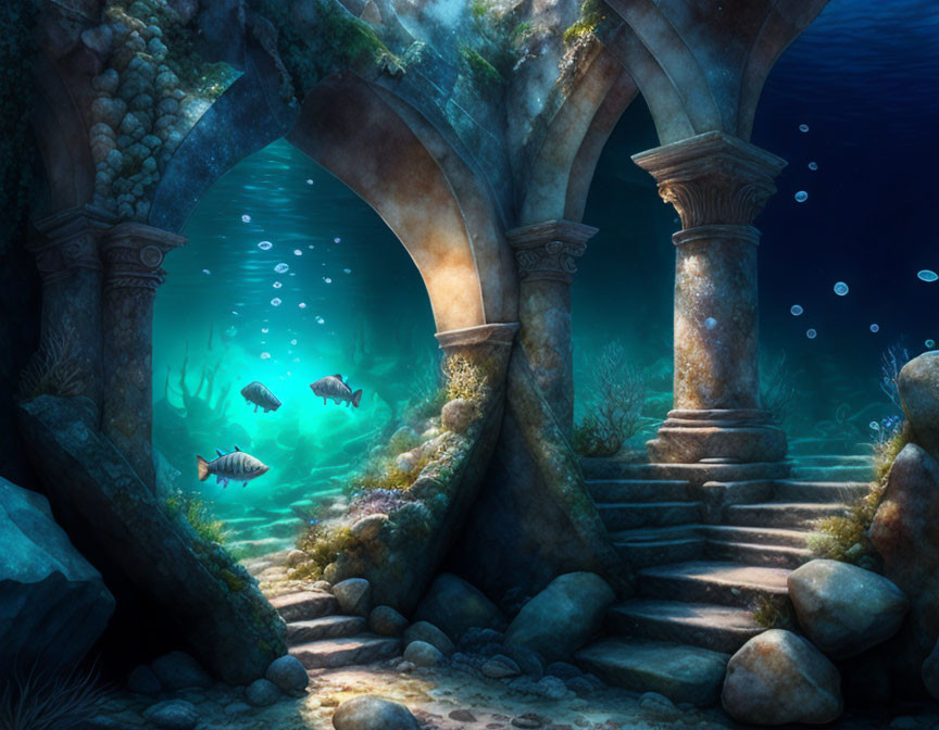 Ancient underwater scene with algae-covered arches, pillars, stairway, mystical light, and swimming