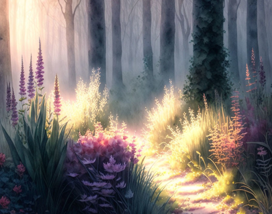 Sunlit enchanted forest with colorful wildflowers and misty ambiance