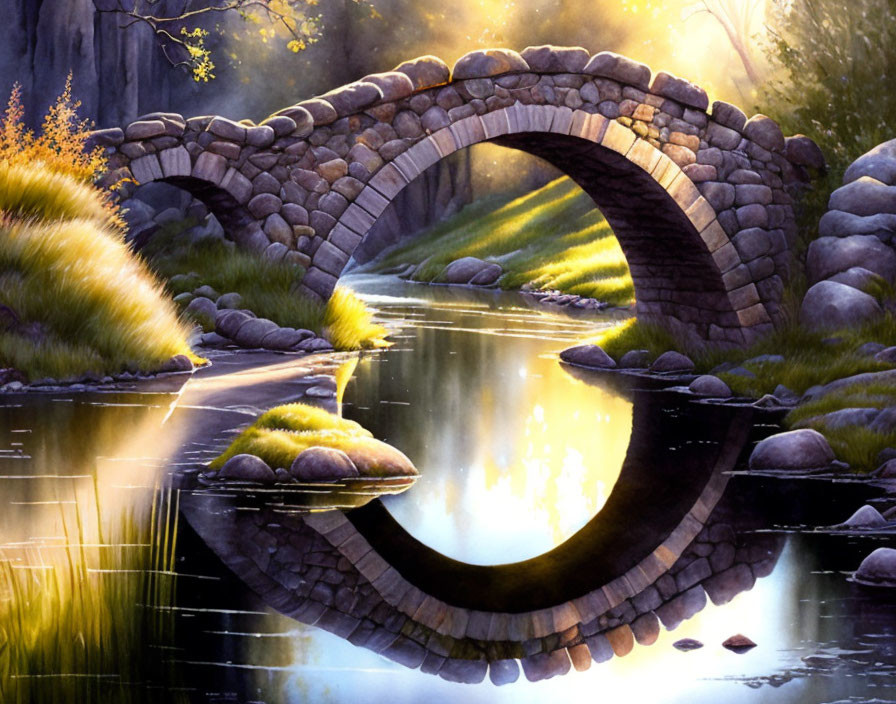 Tranquil landscape: stone arch bridge over calm river, lush greenery, sunlight reflection