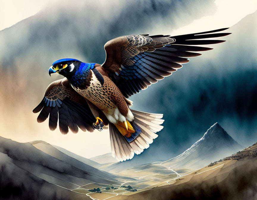 Majestic falcon flying over dramatic mountain landscape