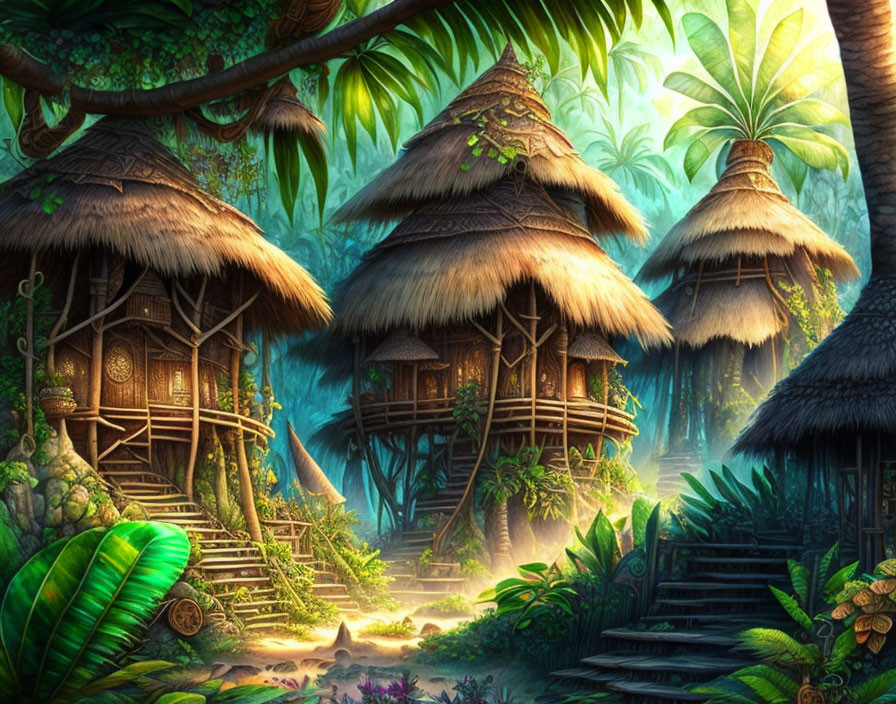 Traditional huts on stilts in lush jungle with sunlight beams