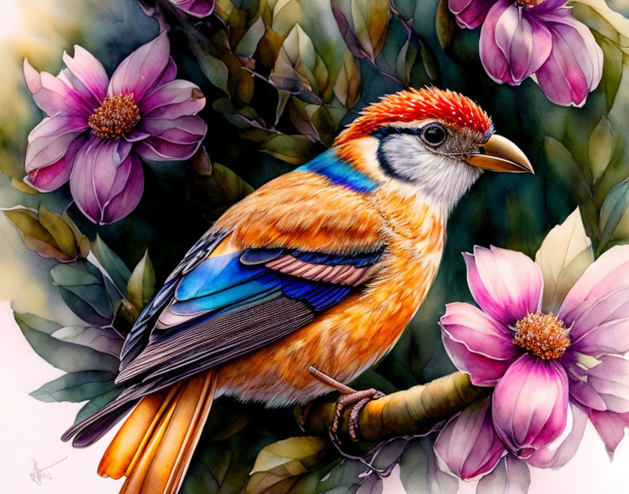 Vibrant bird with blue wings and orange tail on branch surrounded by pink flowers and green foliage