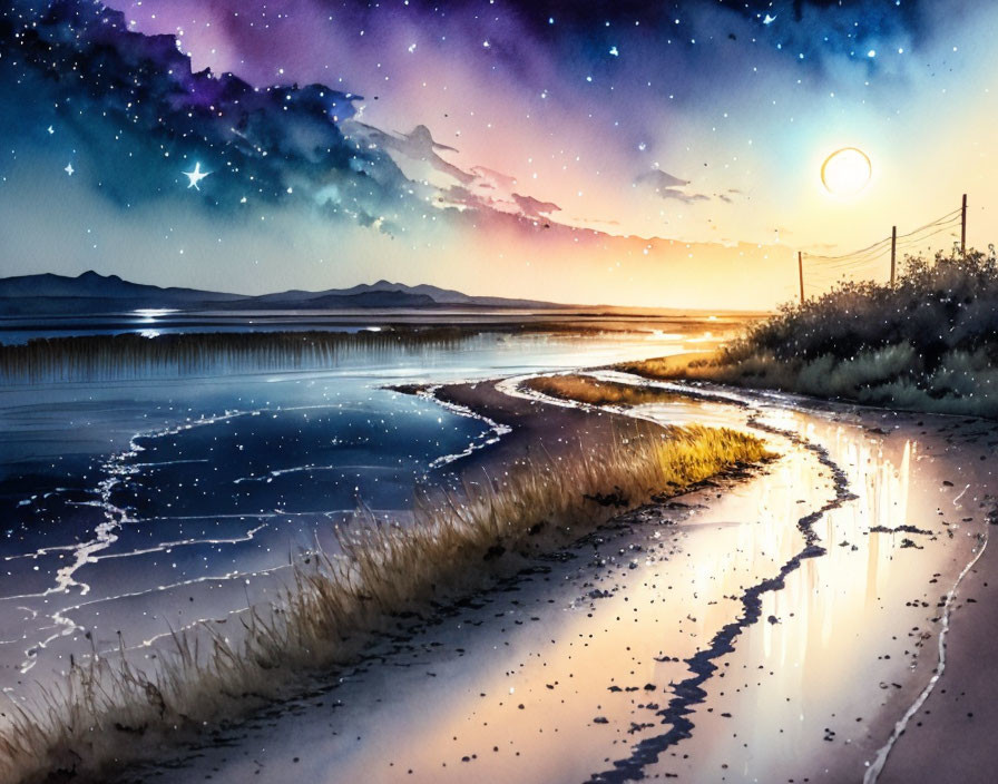 Vibrant starry night sky over serene beach with winding path.