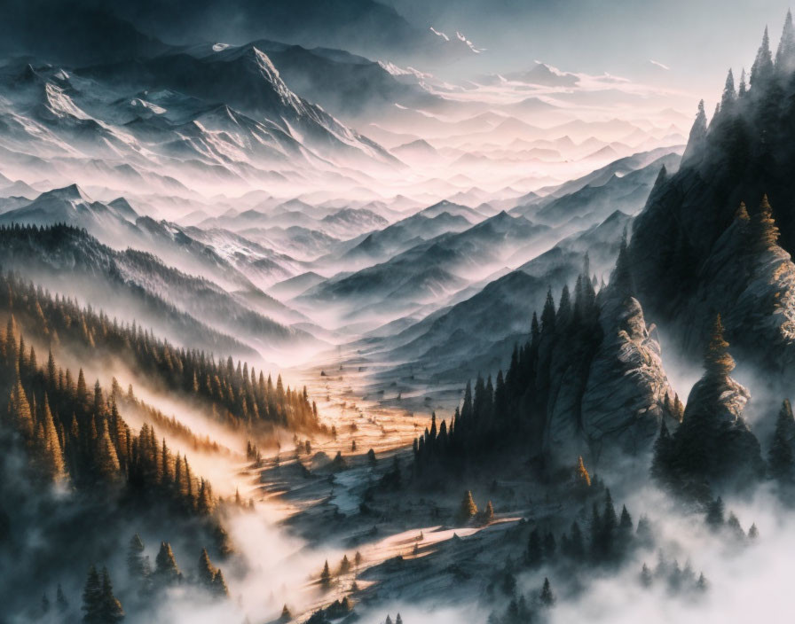 Majestic sunrise landscape with misty mountains and forested valley