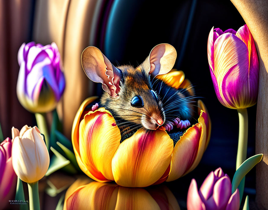 Small Mouse Peeking from Orange-Yellow Tulip Among Purple and Pink Flowers