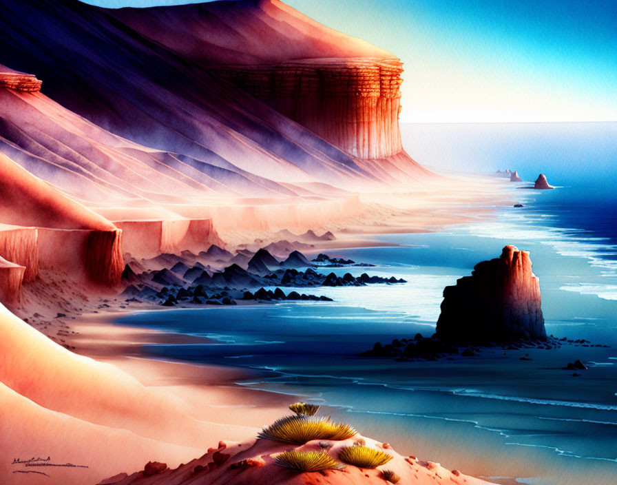 Desert Coastline Digital Art: Cliffs, Dunes, Ocean, Sky