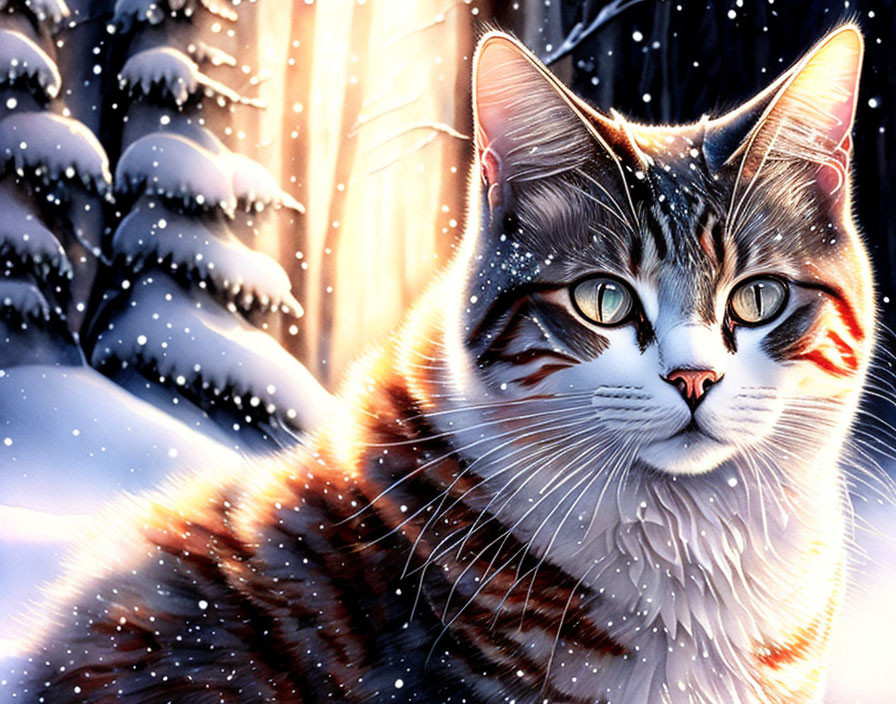 Brown and White Cat with Green Eyes in Snowy Scene