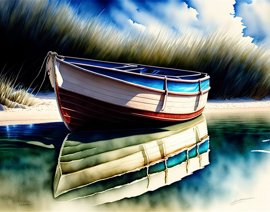 Illustration of wooden rowboat on calm waters with blue trim and lush grass.