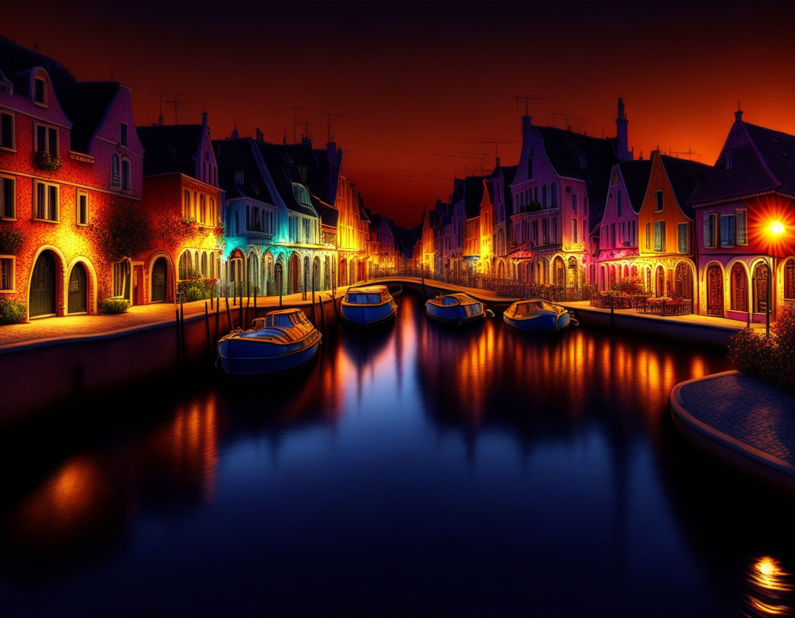 Scenic canal with boats and colorful houses at sunset