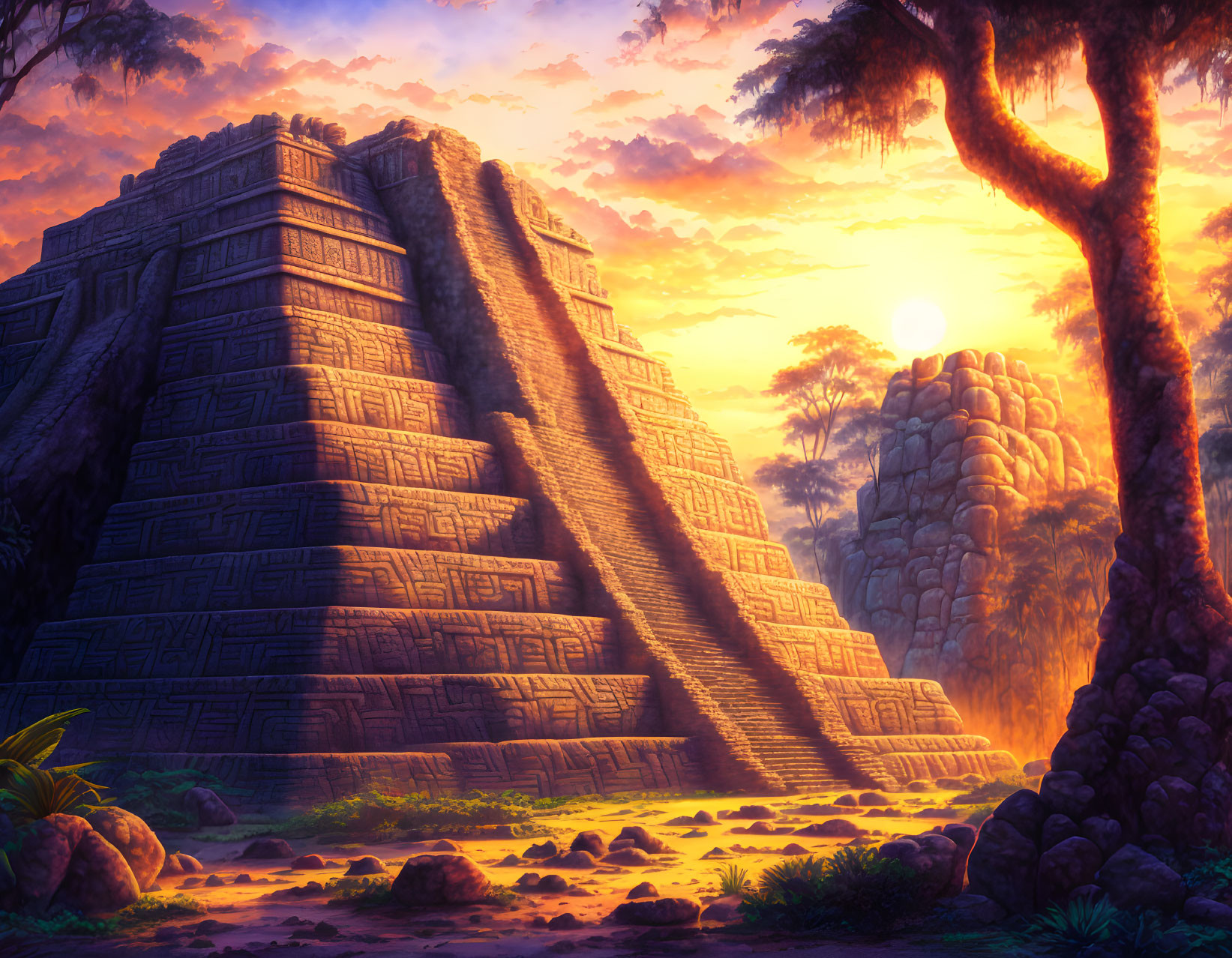 Ancient pyramid in lush jungle at sunset