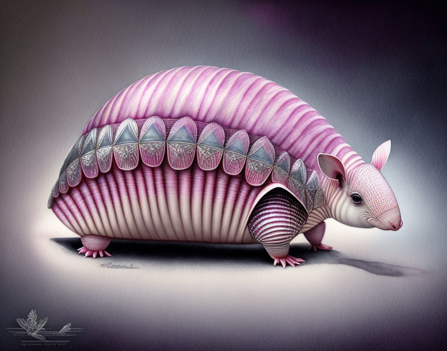 Illustrated creature: Armadillo-aubergine hybrid with purple stripes and stone-like scales