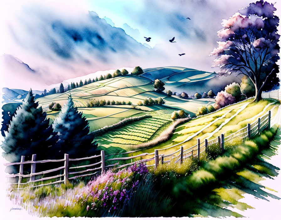 Colorful Watercolor Landscape of Green Hills, Trees, Fence, and Cloudy Sky