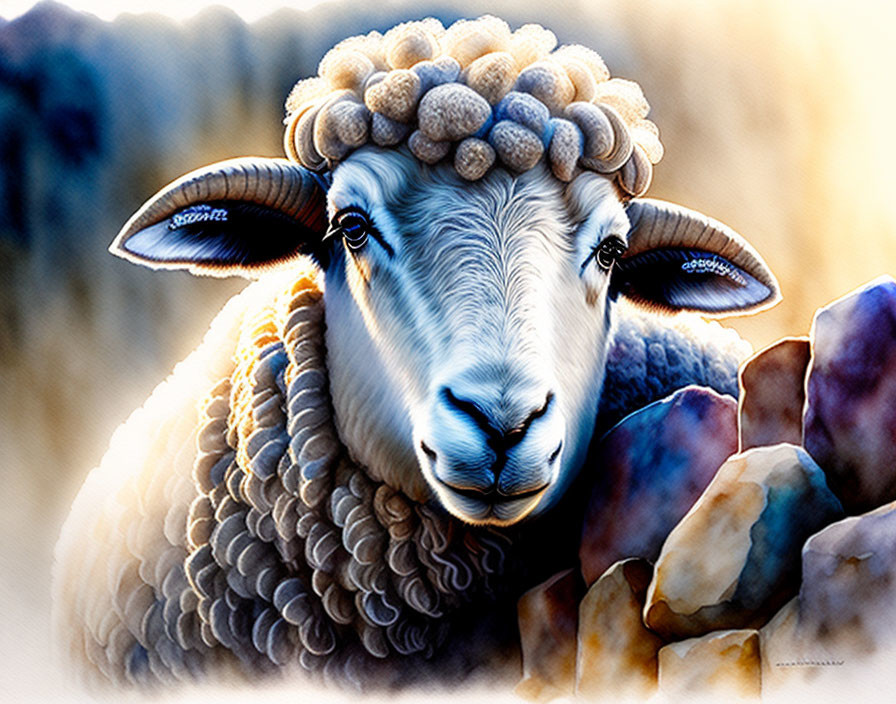 Curly-fleeced sheep digital painting with gentle eyes