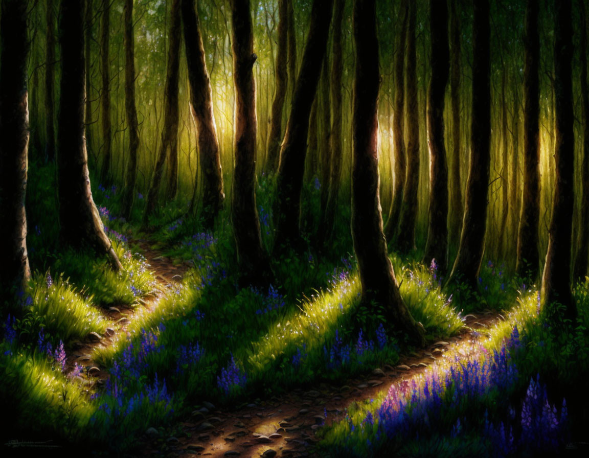 Tranquil forest path with purple flowers and sunbeams