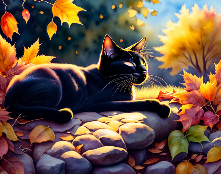 Black Cat with Yellow Eyes Resting on Stone Wall Among Autumn Leaves