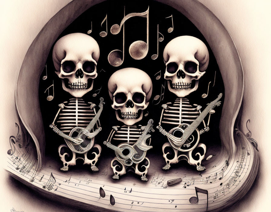 Monochromatic sheet music with skeleton musicians and guitars