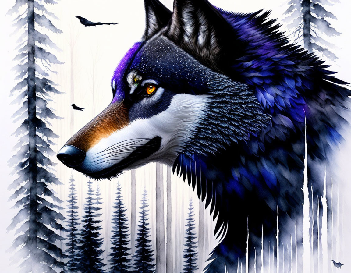 Colorful Wolf in Snowy Forest with Birds and Dark Trees