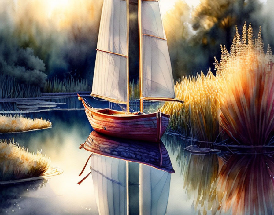 Tranquil sailboat watercolor with reflections at dusk