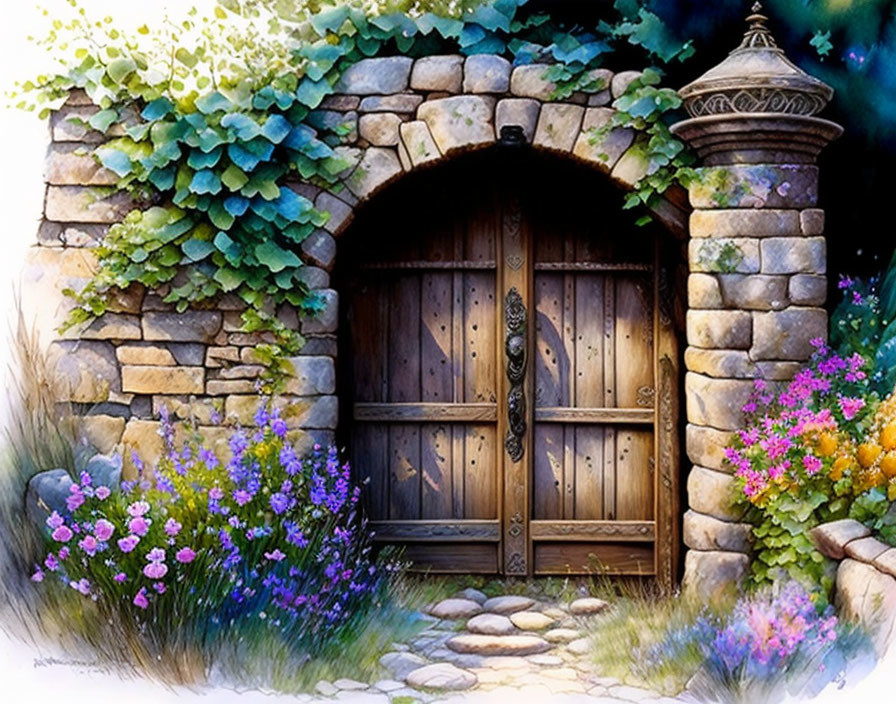 Illustration of old wooden door in stone archway with ivy, flowers, and lantern