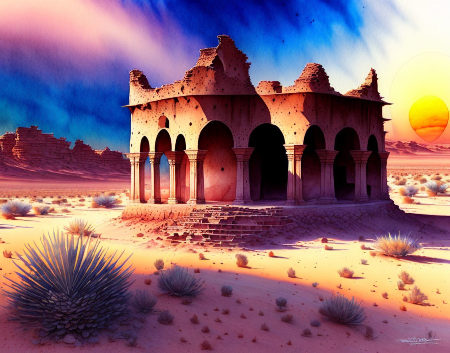 Dilapidated desert building with arches under twilight sky