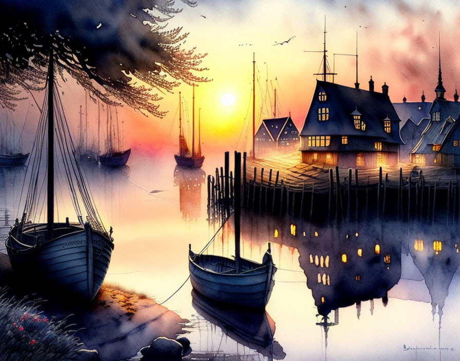 Twilight harbor scene with boats, dock, houses, vibrant sunset sky