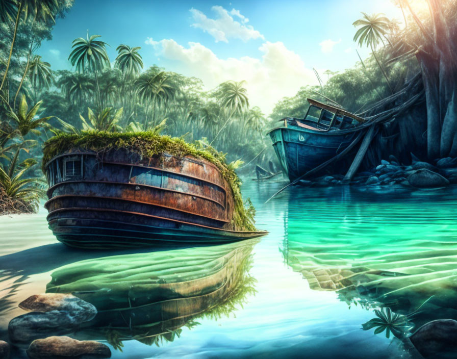 Tropical scene with old boats in turquoise water