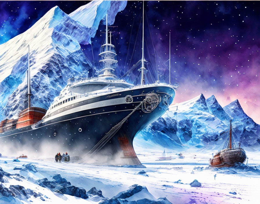 Large ship stranded on snowy land with icebergs, smaller boat, and figures nearby