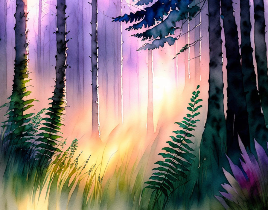 Forest Watercolor Painting: Sunlight Through Trees