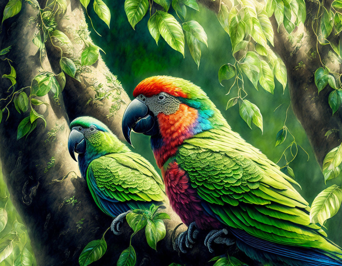 Colorful Parrots in Green Foliage with Sunlight Filtering Through