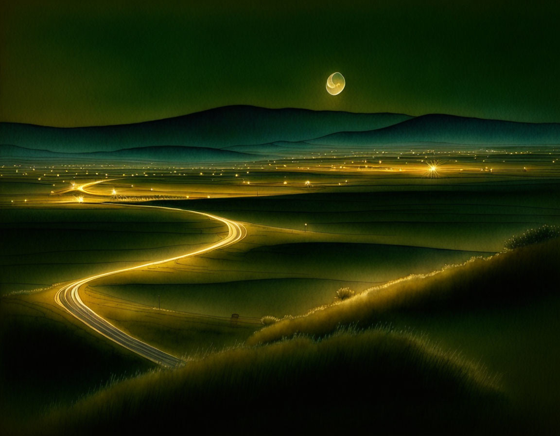 Moonlit night scene: curving road, rolling hills, glowing lights