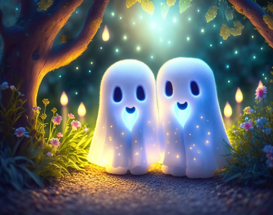 Illustrated glowing ghosts under a tree with twinkling lights at dusk