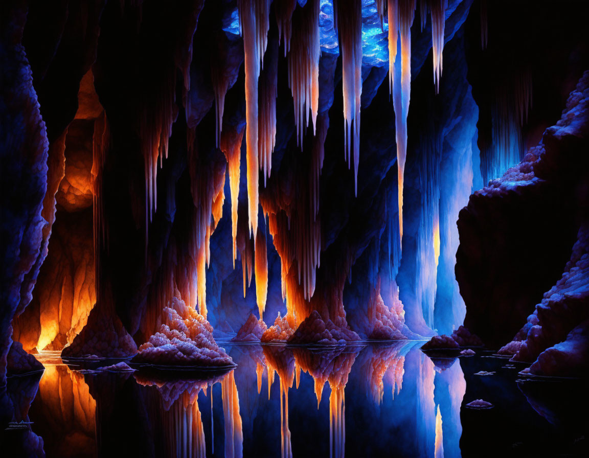 Colorful Cave with Stalactites, Stalagmites, and Reflective Water