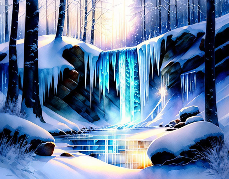 Winter Watercolor Painting: Frozen Waterfall, Snowy Landscape