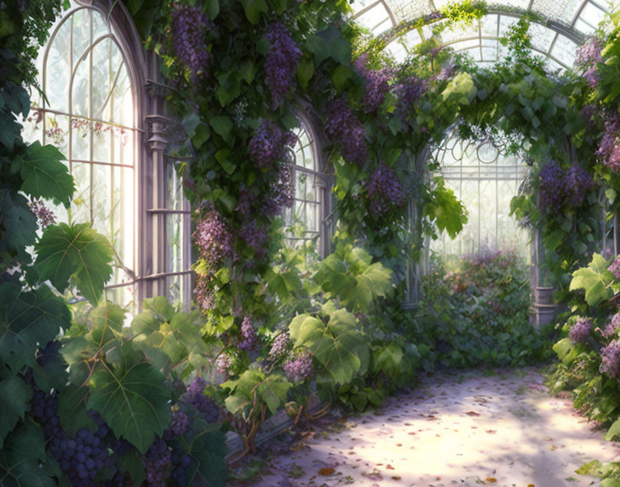 Tranquil greenhouse with sunlight, grapevines, and lush foliage