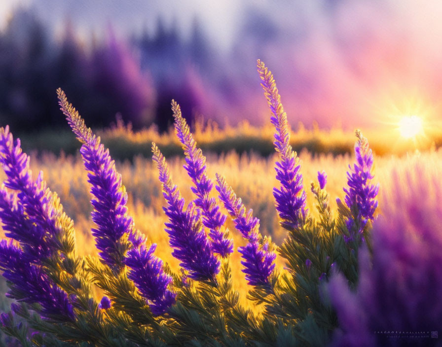 Vibrant purple flowers in soft golden sunlight with blurred sunrise/sunset background