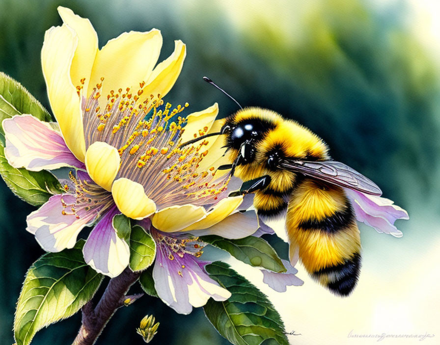 Vibrant bumblebee near yellow flower on green background