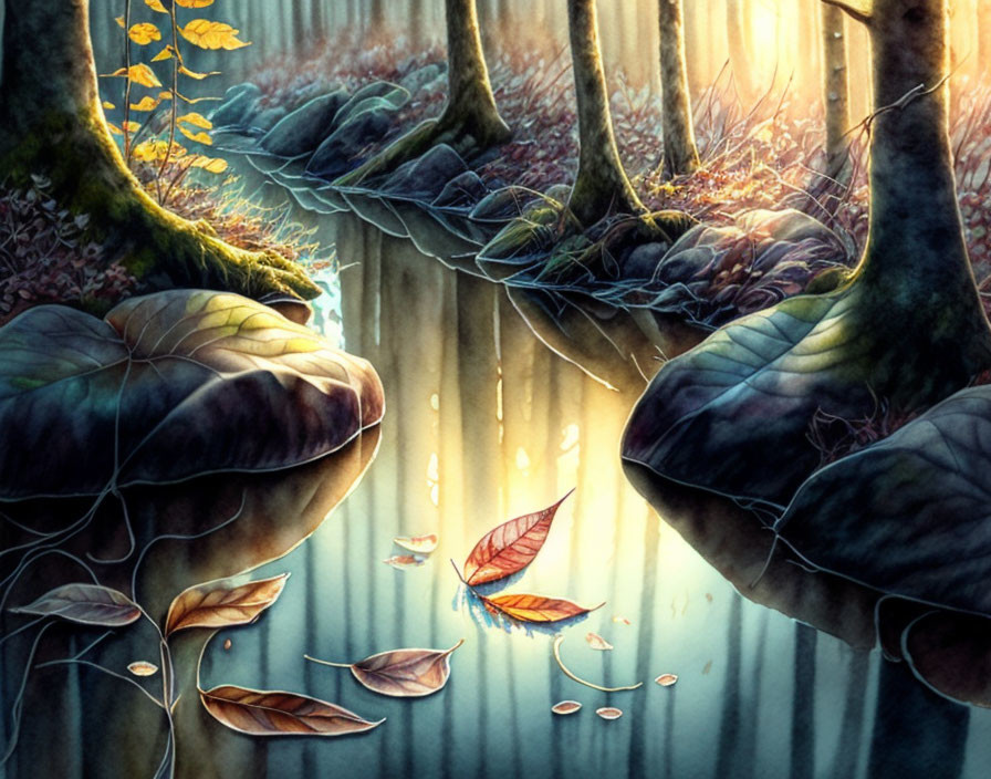 Enchanting forest scene: sunlight, misty river, oversized leaves