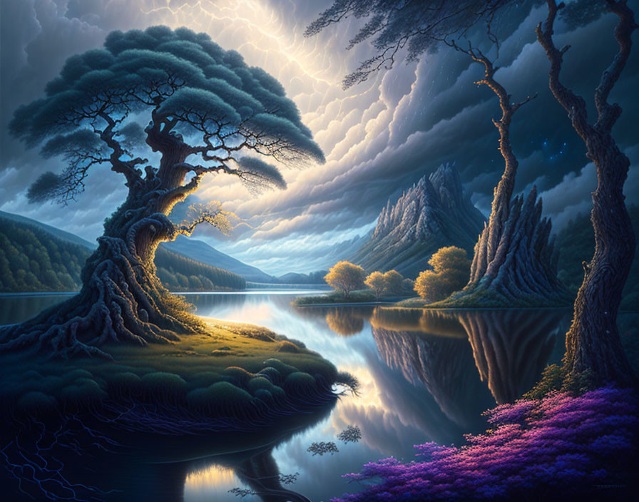 Tranquil landscape with ancient tree by lake, mountains, and sun rays