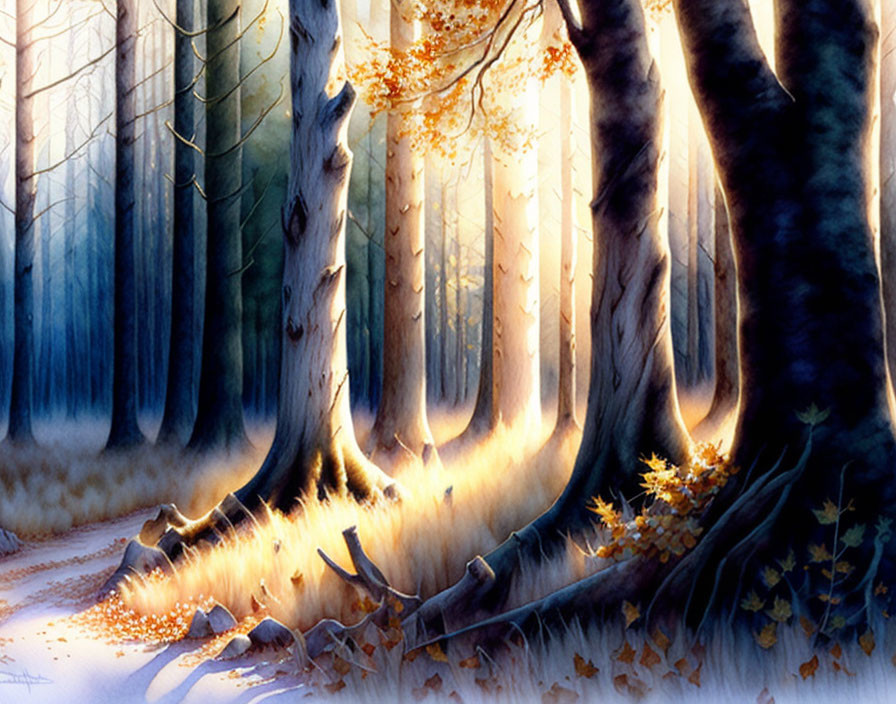 Autumn forest landscape with sunlight filtering through trees