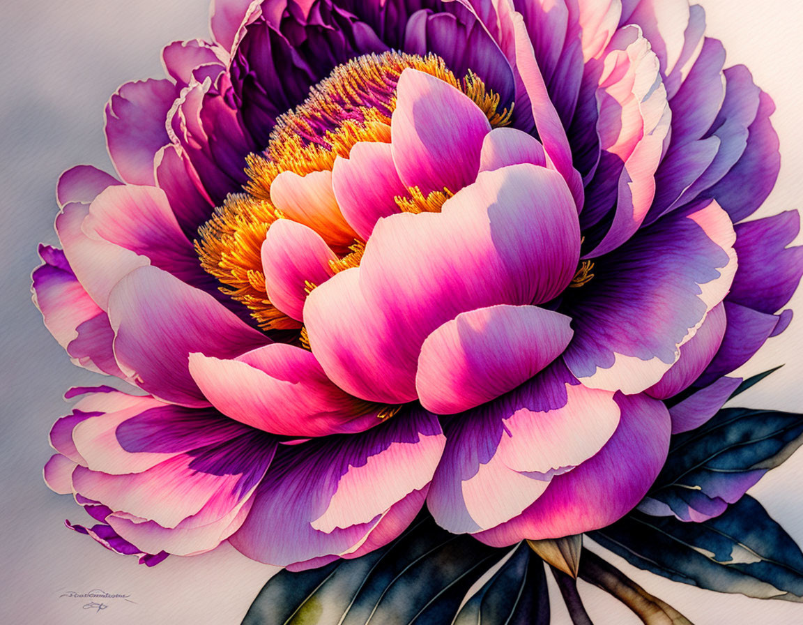 Colorful illustration: Large purple peony on white background