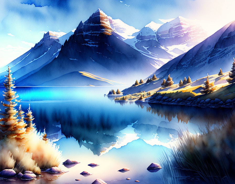 Tranquil landscape with reflective lake and snow-capped mountains