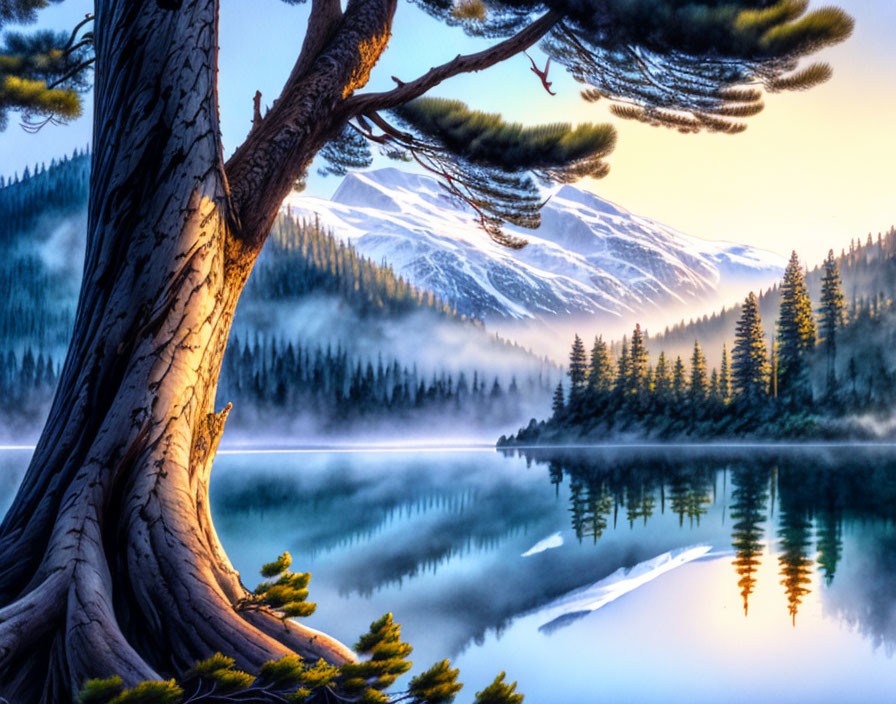 Tranquil landscape with mist-covered lake, pine trees reflection, and snow-capped mountain