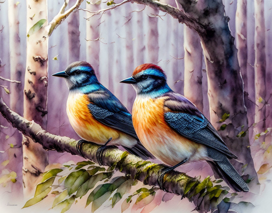 Colorful Birds Perched on Branch in Soft-Focus Forest