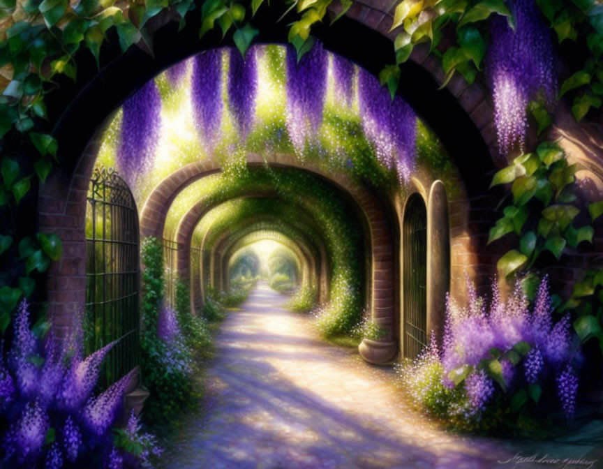 Lush wisteria-covered tunnel with stone walls and cobblestone path