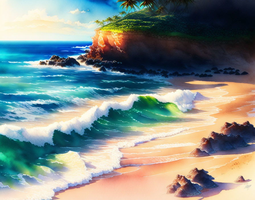 Scenic beach landscape with crashing waves, rocks, and greenery