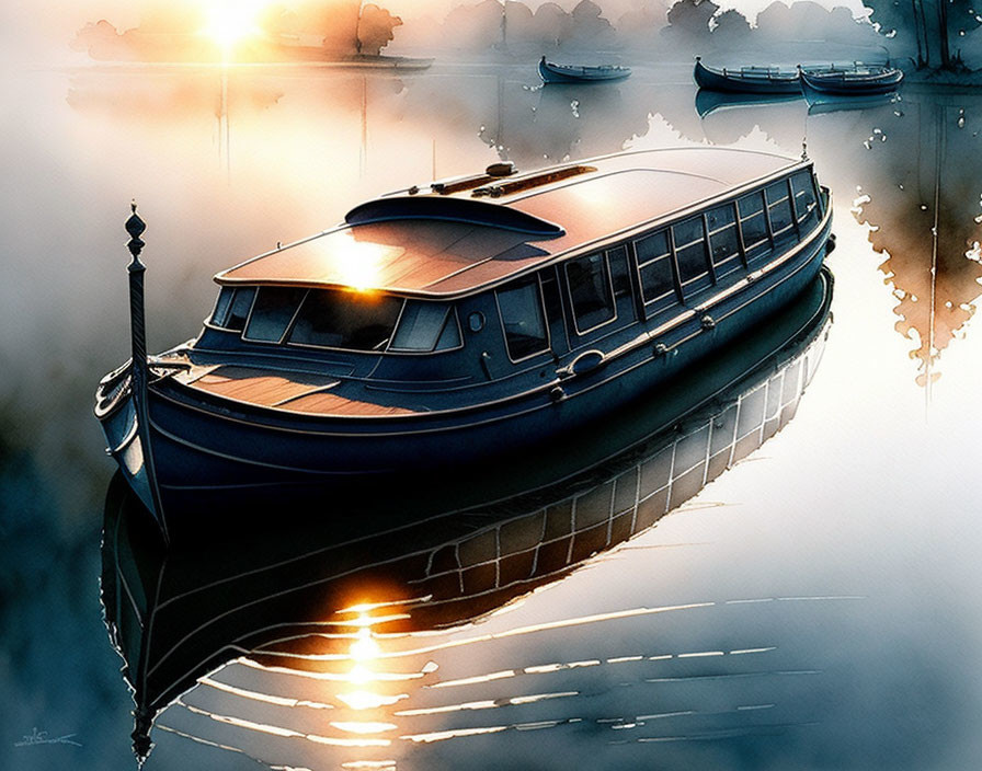 Sleek boat moored on tranquil waters at dusk