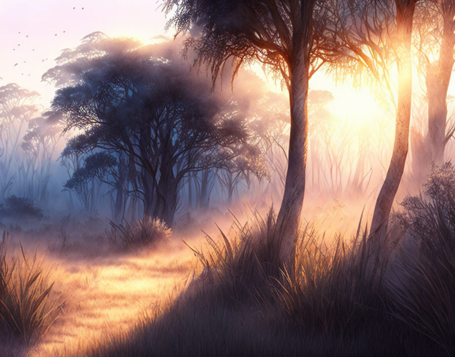 Misty savannah sunrise with tall grass and acacia trees.