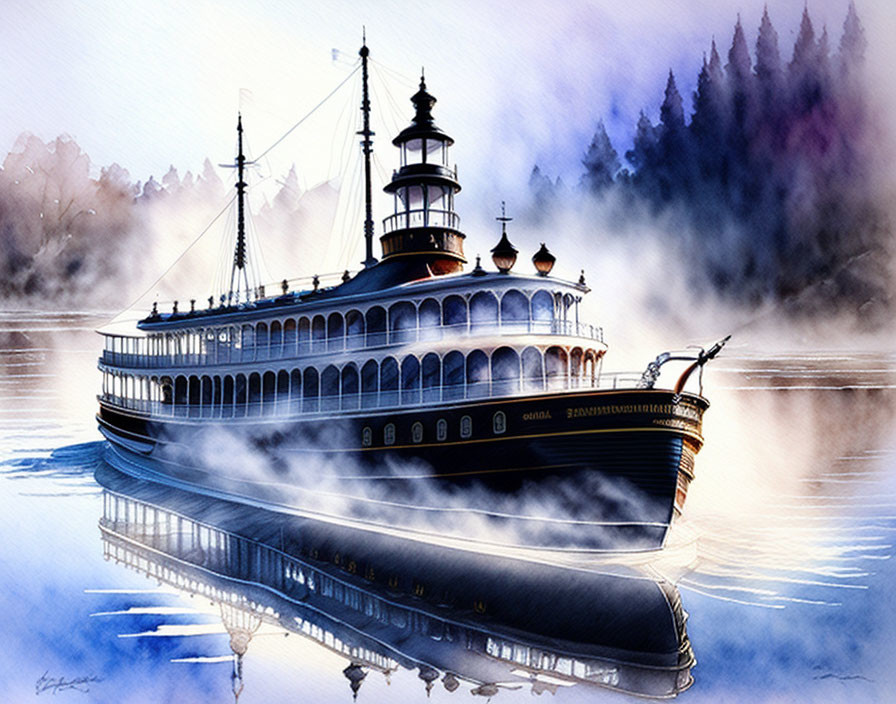 Misty river scene with vintage paddle steamer and silhouetted trees